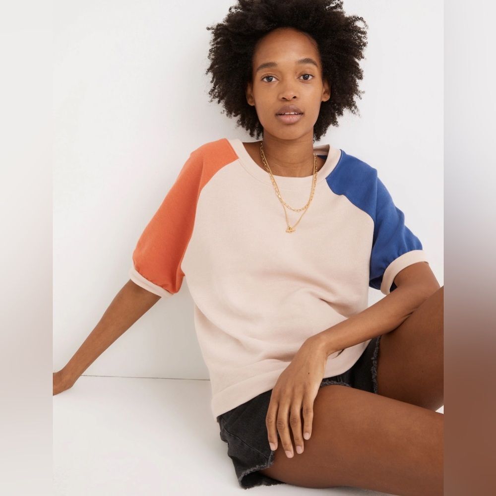 Madewell Colorblock Short-Sleeve Sweatshirt in Cream, Orange & Blue